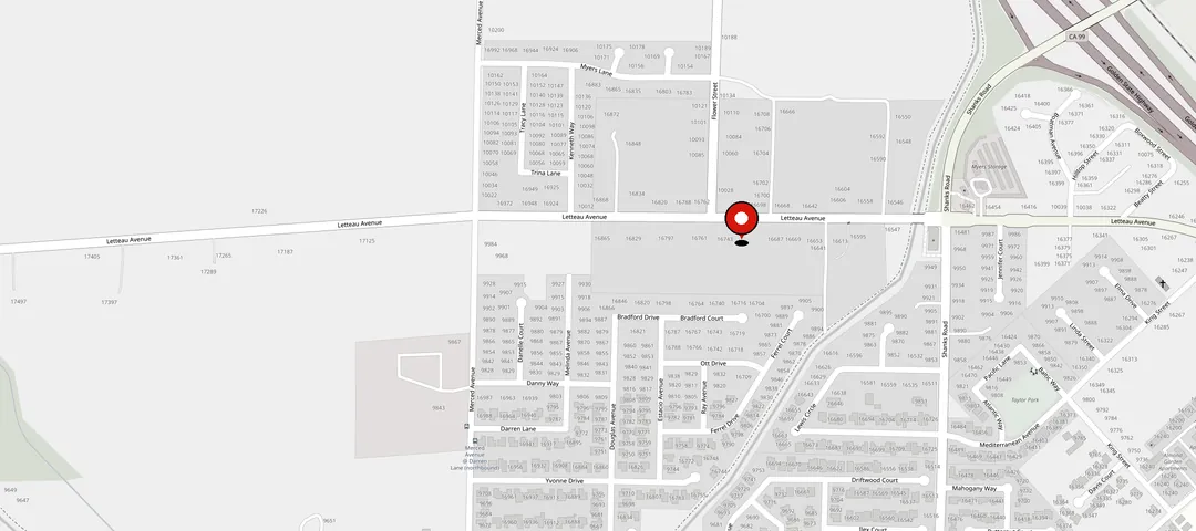 Map of 16721 Letteau Ave, Delhi, CA, with Econo Roofing marked